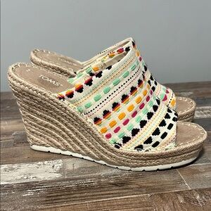 Toms Black and White Wedge Sandals with Espadrille Heel